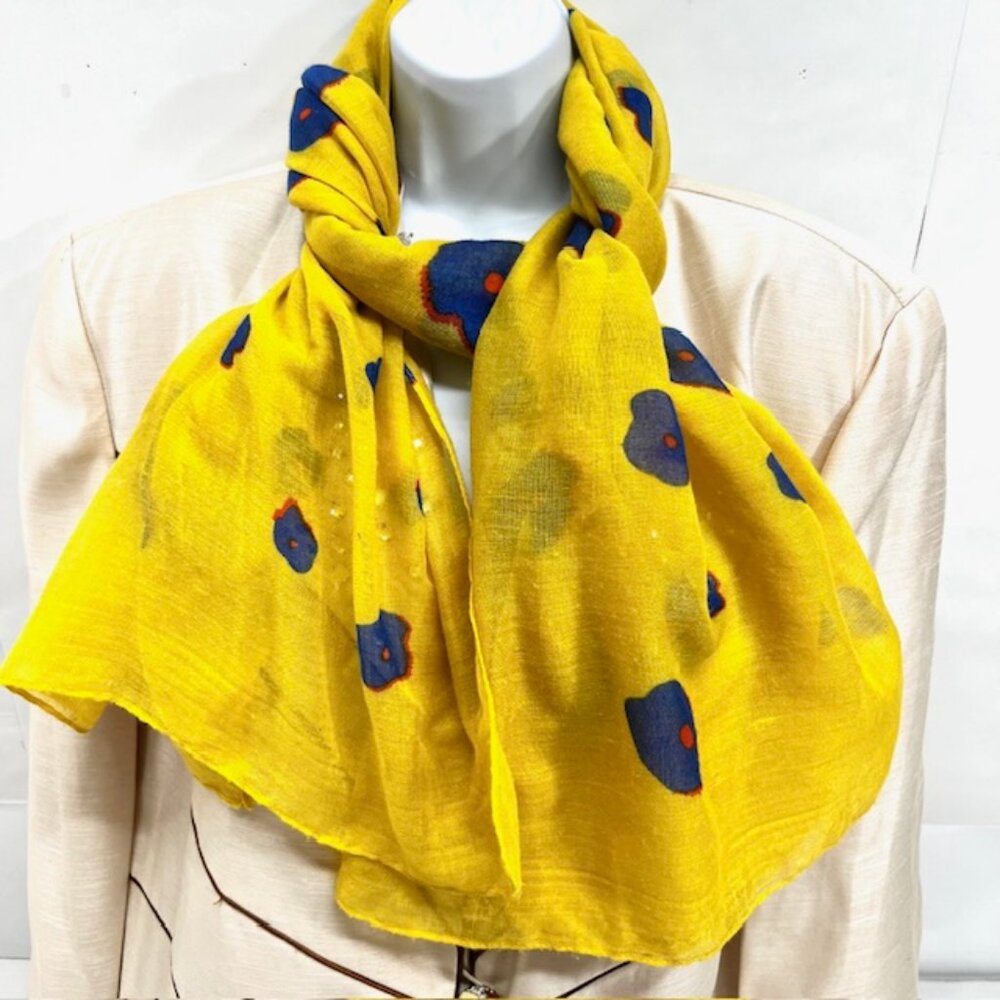 Jennifer, Scarf/wrap 72"x34"  soft cotton mixed, yellow blue dot printed (45)